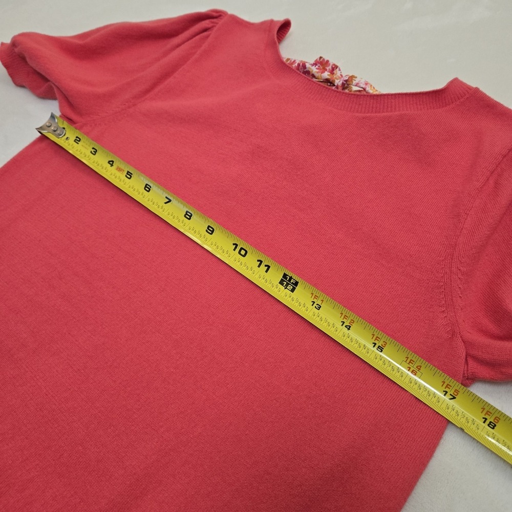 J Crew Womens Medium Coral Pink Floral Bow Puff Sleeve Knit Top Cottagecore Gran - Picture 4 of 11